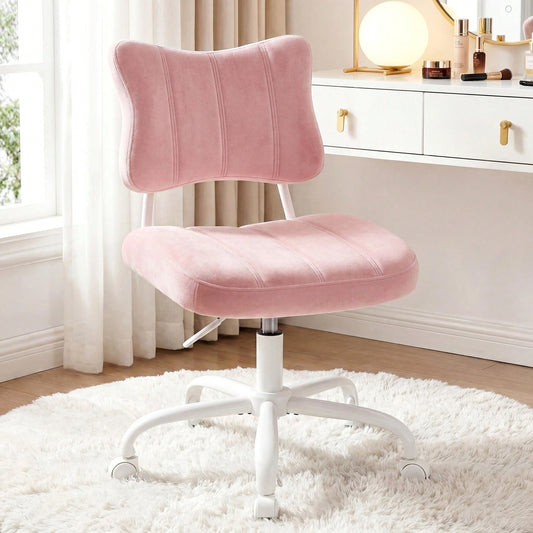 EnHomee Velvet Home Office Chair With With Wheels Cute Armless Desk Chair, Vanity Chair With Bow Backrest & Height Adjustable,360 Swivel, Baby Pink
