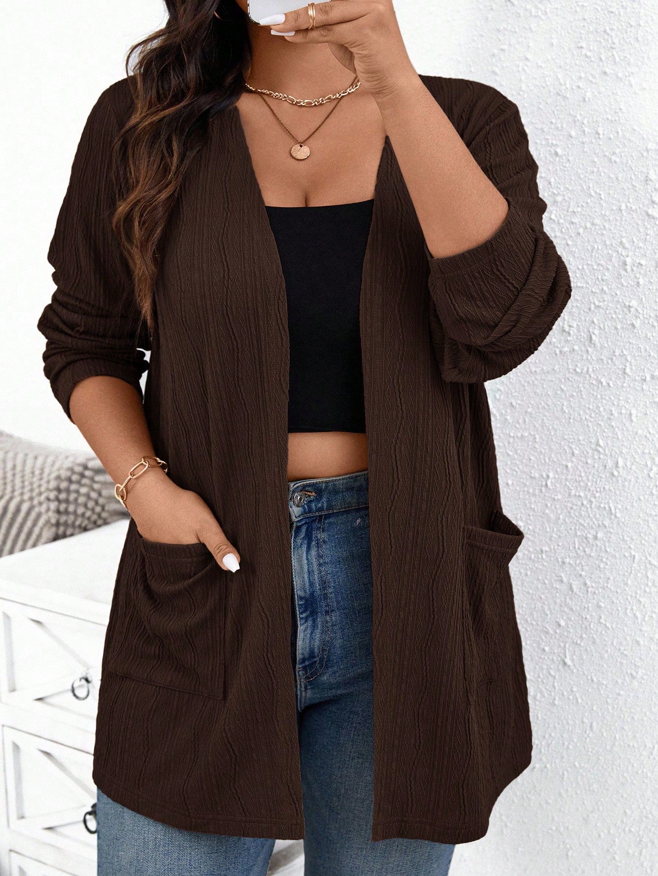 Essnce Plus Size Women's Autumn New Fashion Fall Long Sleeves Solid Color Pocket Coat/Winter