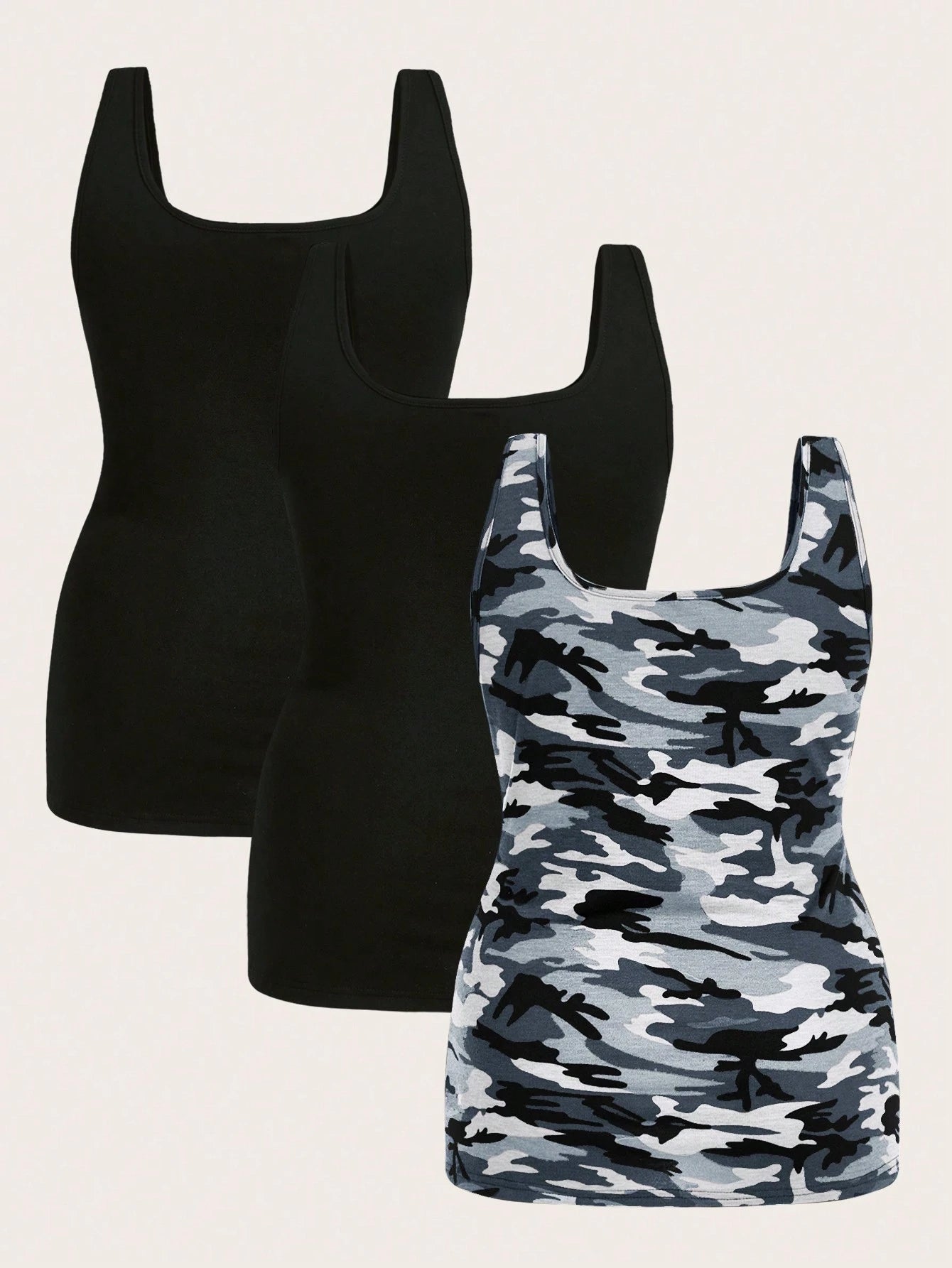 Essnce Plus Size Women's Casual Fit Comfort Long Cute Summer Black And Camouflage Tank Tops 3-Packs