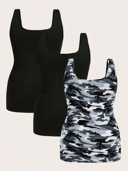 Essnce Plus Size Women's Casual Fit Comfort Long Cute Summer Black And Camouflage Tank Tops 3-Packs
