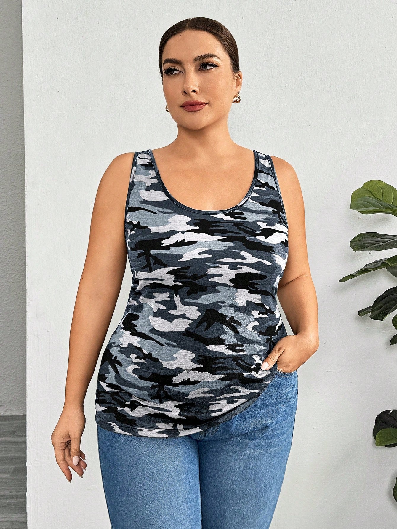 Essnce Plus Size Women's Casual Fit Comfort Long Cute Summer Black And Camouflage Tank Tops 3-Packs