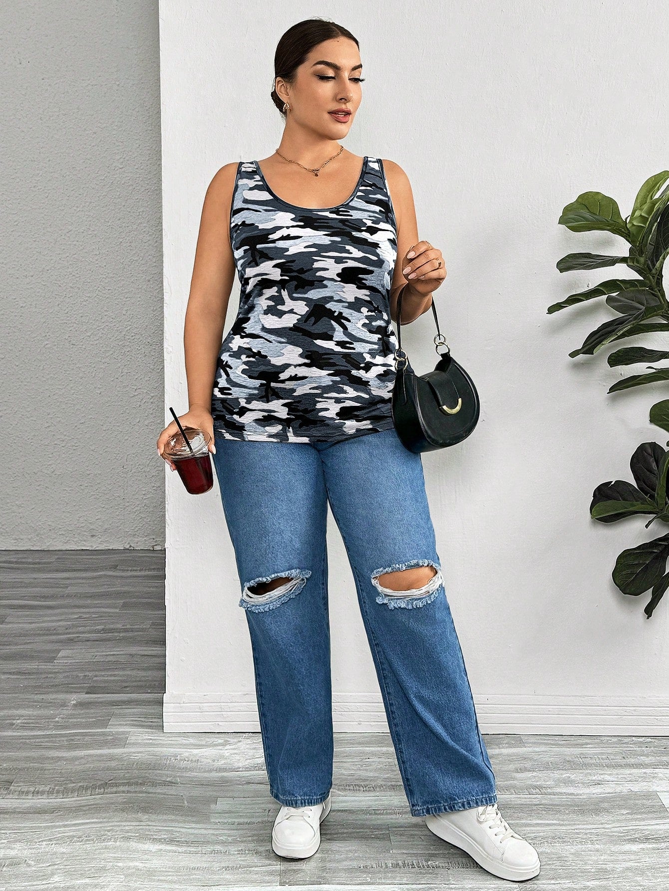 Essnce Plus Size Women's Casual Fit Comfort Long Cute Summer Black And Camouflage Tank Tops 3-Packs