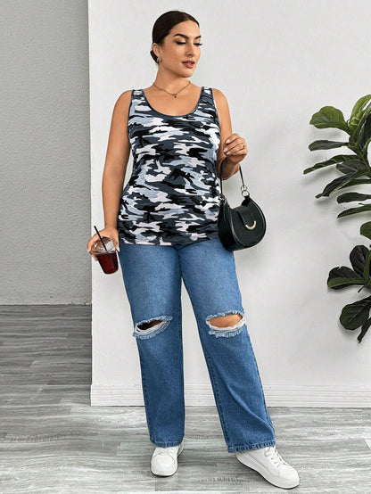 Essnce Plus Size Women's Casual Fit Comfort Long Cute Summer Black And Camouflage Tank Tops 3-Packs