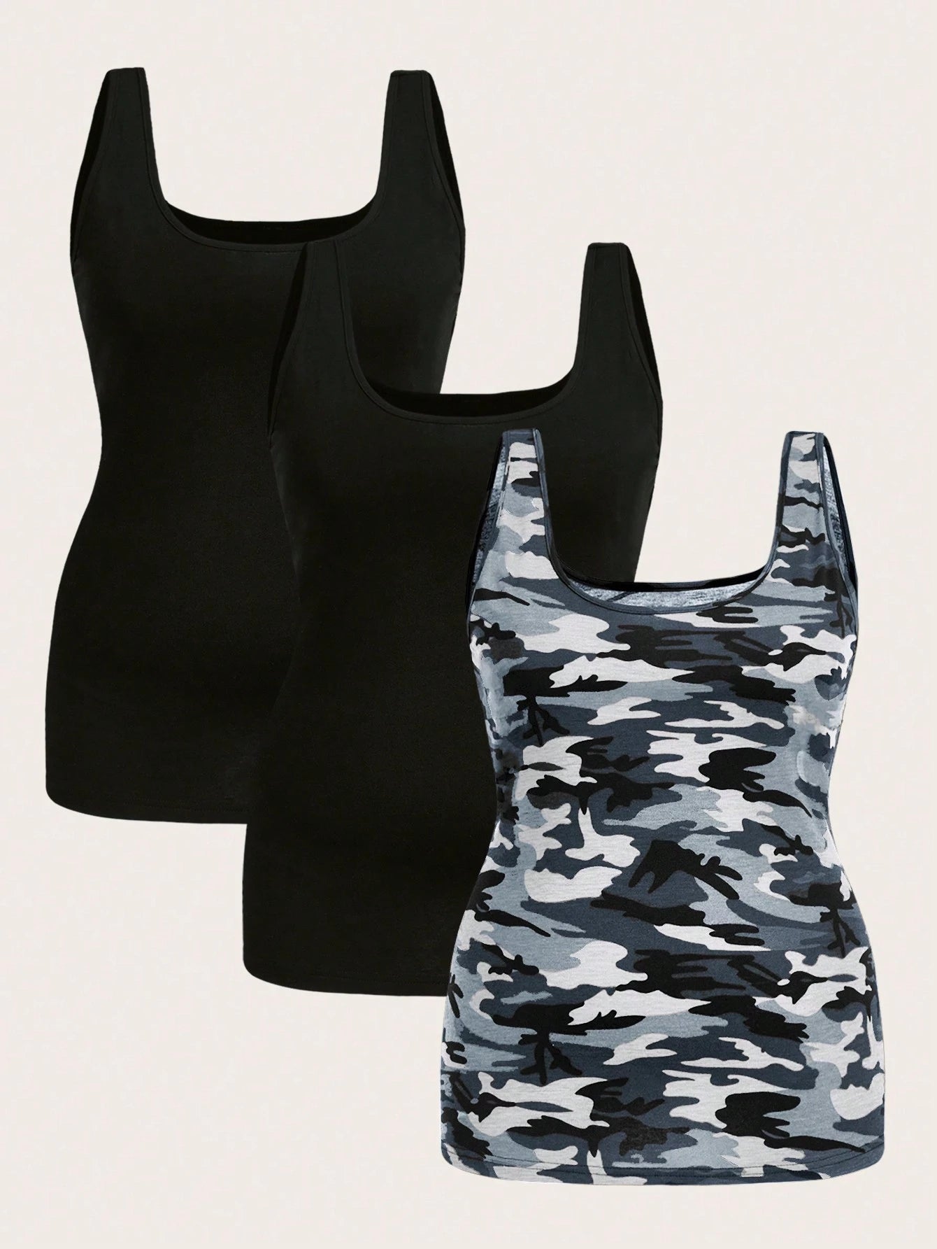Essnce Plus Size Women's Casual Fit Comfort Long Cute Summer Black And Camouflage Tank Tops 3-Packs