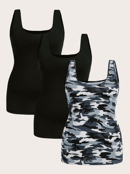 Essnce Plus Size Women's Casual Fit Comfort Long Cute Summer Black And Camouflage Tank Tops 3-Packs