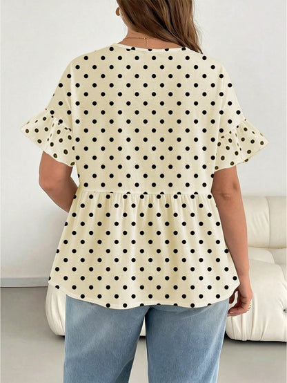 Essnce Plus Size Women's Round Neck Ruffle Short Sleeve Summer Blouse