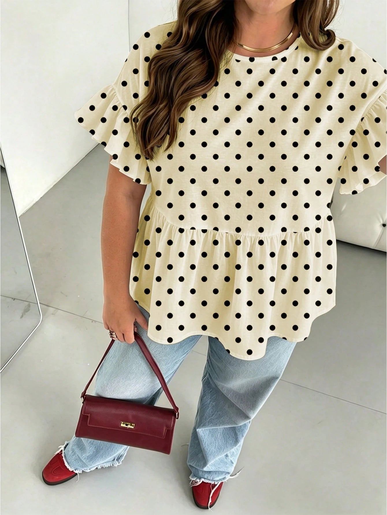 Essnce Plus Size Women's Round Neck Ruffle Short Sleeve Summer Blouse