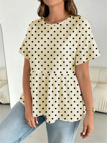 Essnce Plus Size Women's Round Neck Ruffle Short Sleeve Summer Blouse
