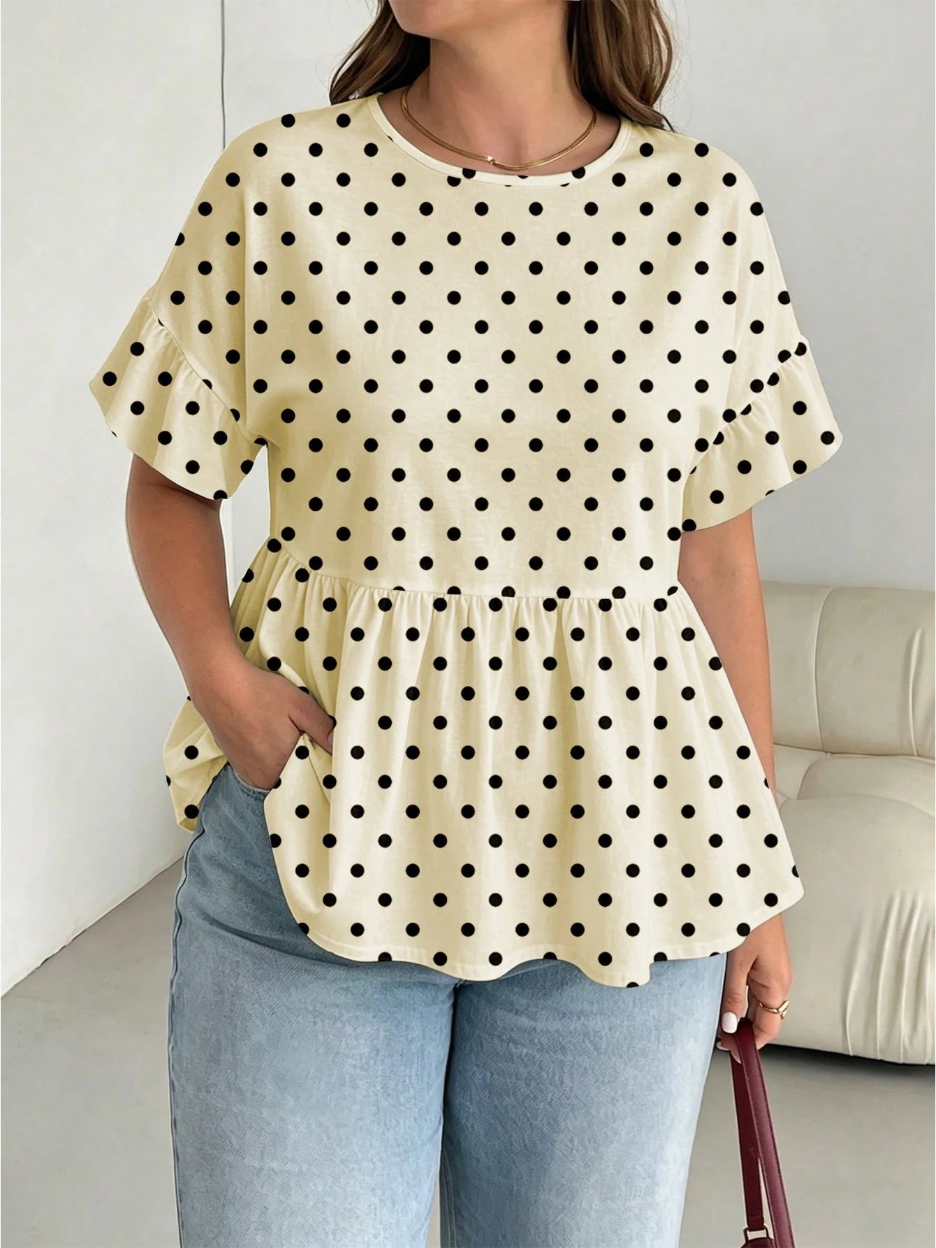 Essnce Plus Size Women's Round Neck Ruffle Short Sleeve Summer Blouse