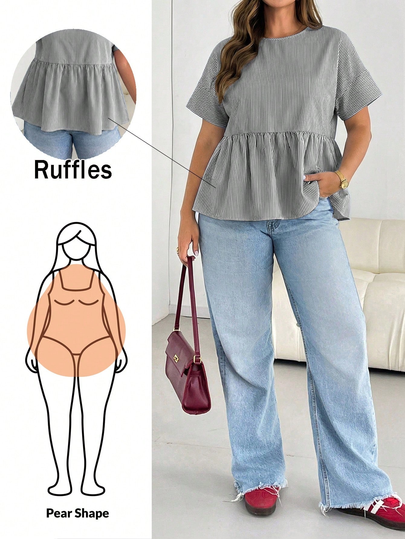 Essnce Plus Size Women's Round Neck Ruffle Short Sleeve Summer Blouse