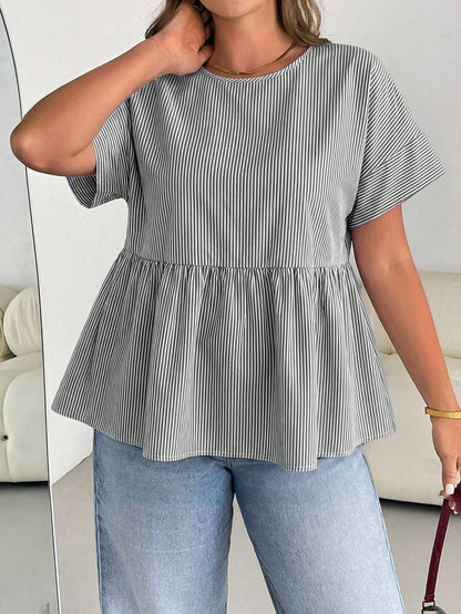 Essnce Plus Size Women's Round Neck Ruffle Short Sleeve Summer Blouse