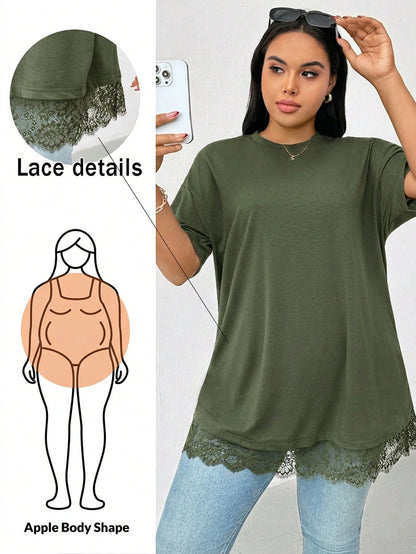 Essnce Plus-Size Women's Summer Elegant Army Green Lace-Trimmed Short-Sleeved Long T-Shirt,Casual Loose Comfortable Everyday Basic Tops