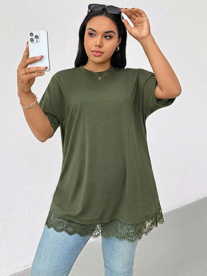 Essnce Plus-Size Women's Summer Elegant Army Green Lace-Trimmed Short-Sleeved Long T-Shirt,Casual Loose Comfortable Everyday Basic Tops