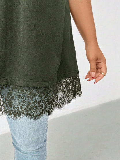 Essnce Plus-Size Women's Summer Elegant Army Green Lace-Trimmed Short-Sleeved Long T-Shirt,Casual Loose Comfortable Everyday Basic Tops