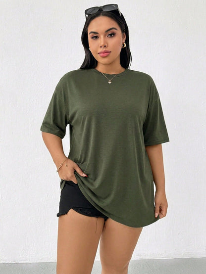Essnce Plus-Size Women's Summer Elegant Army Green Lace-Trimmed Short-Sleeved Long T-Shirt,Casual Loose Comfortable Everyday Basic Tops