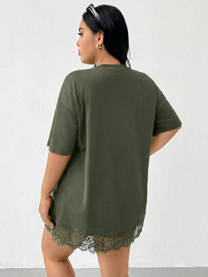 Essnce Plus-Size Women's Summer Elegant Army Green Lace-Trimmed Short-Sleeved Long T-Shirt,Casual Loose Comfortable Everyday Basic Tops