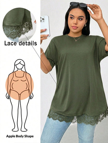 Essnce Plus-Size Women's Summer Elegant Army Green Lace-Trimmed Short-Sleeved Long T-Shirt,Casual Loose Comfortable Everyday Basic Tops