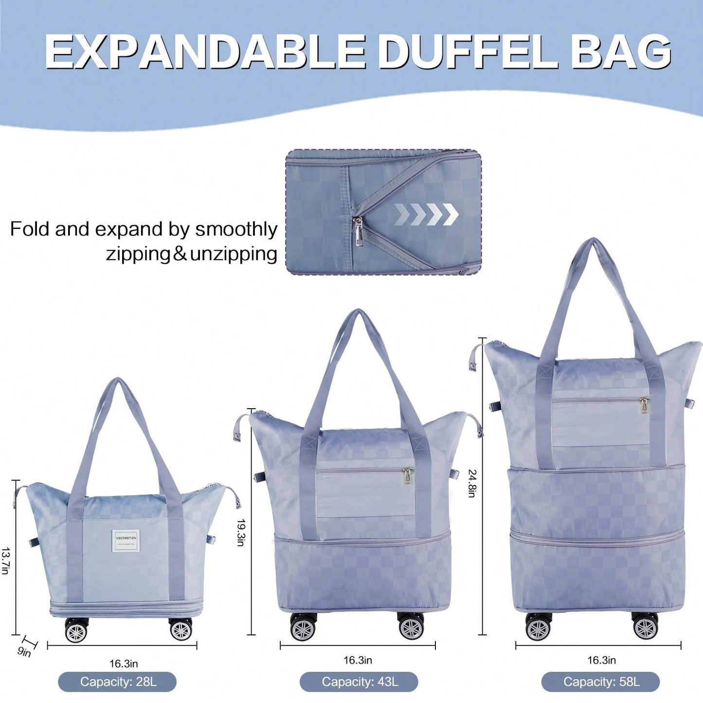 Expandable Rolling Duffle Bag- Large Carry-On With Spinner Wheels, Foldable Weekend Travel Bag, 28-58L Capacity