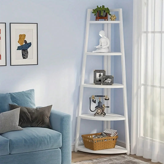 EZIFY 1Pc 5-Tier White PP Extra Large Corner Bookshelf, Heavy-Duty Easy Assemble Space-Saving Storage Unit, Bohemian Style Floor Bookcase For Balcony/Kitchen/Home Office