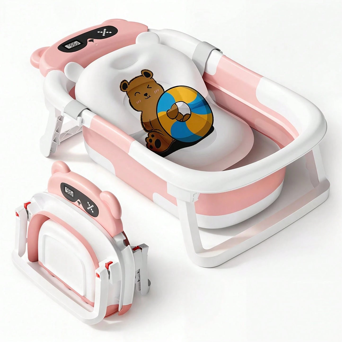 EZIFY Foldable Baby Bathtub With Non-Slip Mat & Thermometer Bear Design Portable Travel Tub For 0-36