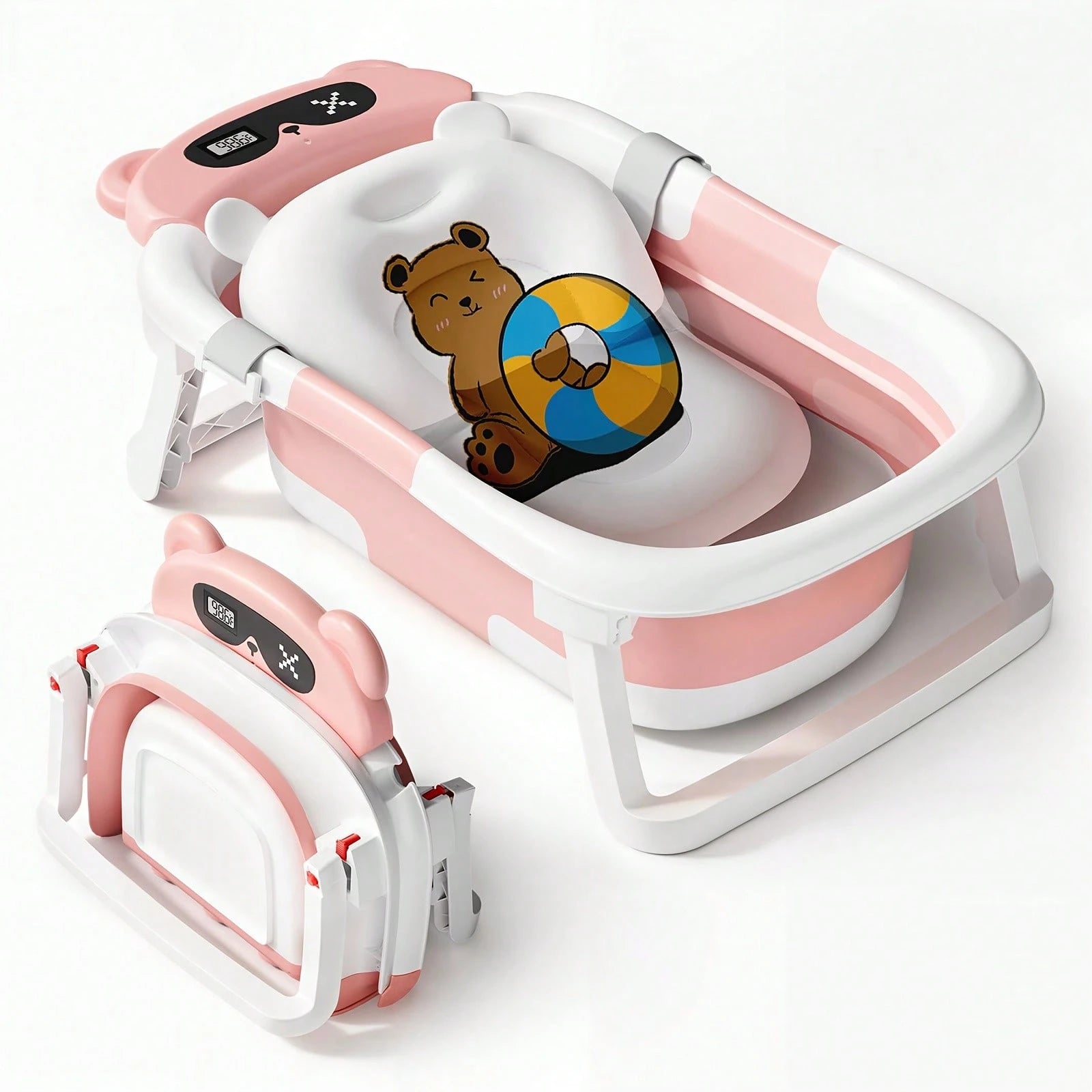 EZIFY Foldable Baby Bathtub With Non-Slip Mat & Thermometer Bear Design Portable Travel Tub For 0-36