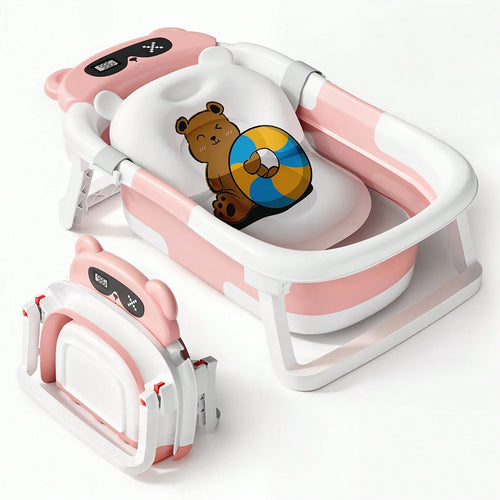 EZIFY Foldable Baby Bathtub With Non-Slip Mat & Thermometer Bear Design Portable Travel Tub For 0-36