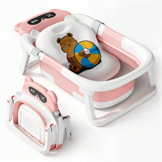 EZIFY Foldable Baby Bathtub With Non-Slip Mat & Thermometer Bear Design Portable Travel Tub For 0-36