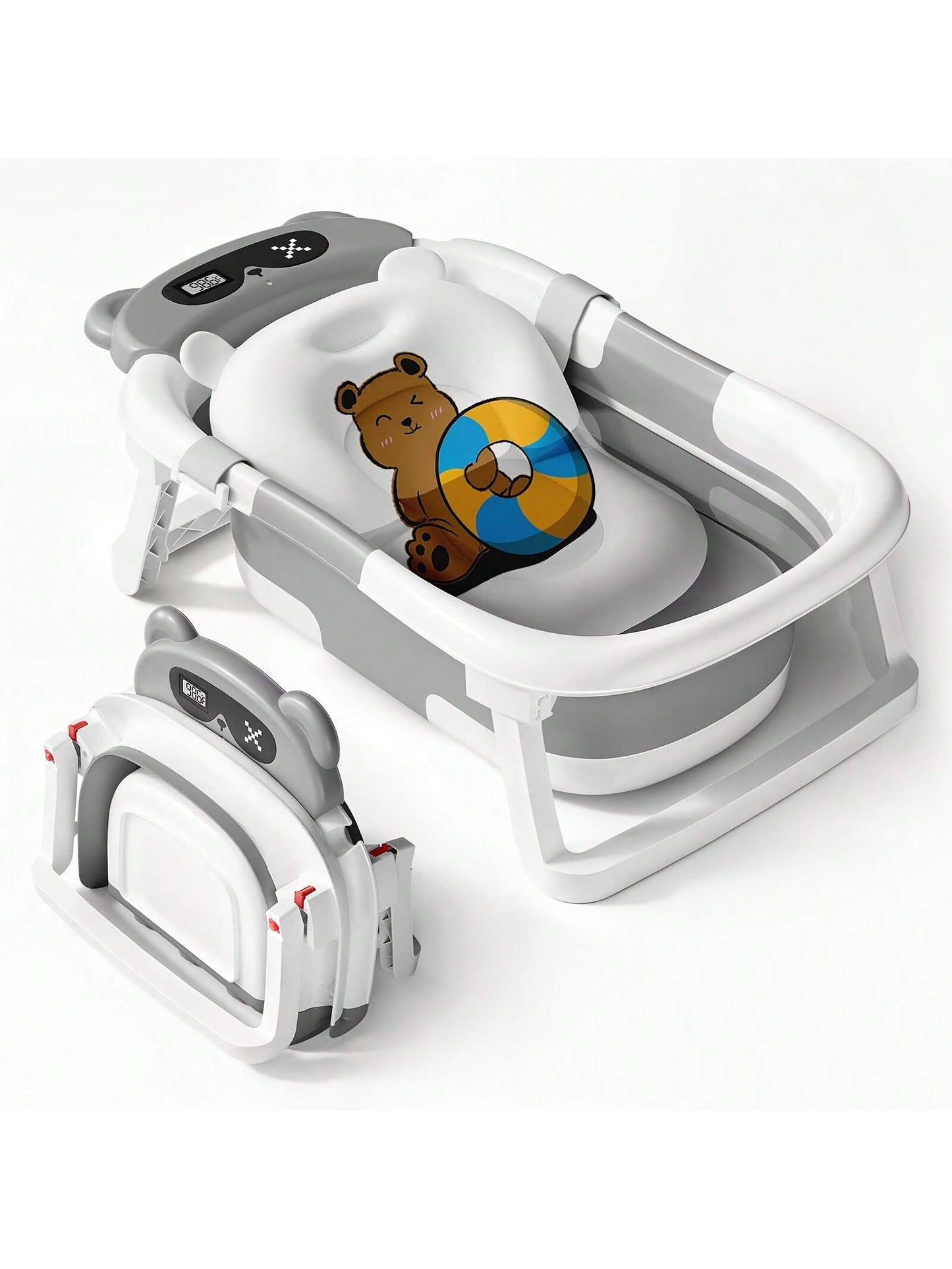 EZIFY Foldable Baby Bathtub With Non-Slip Mat & Thermometer Bear Design Portable Travel Tub For 0-36
