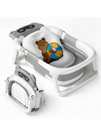 EZIFY Foldable Baby Bathtub With Non-Slip Mat & Thermometer Bear Design Portable Travel Tub For 0-36