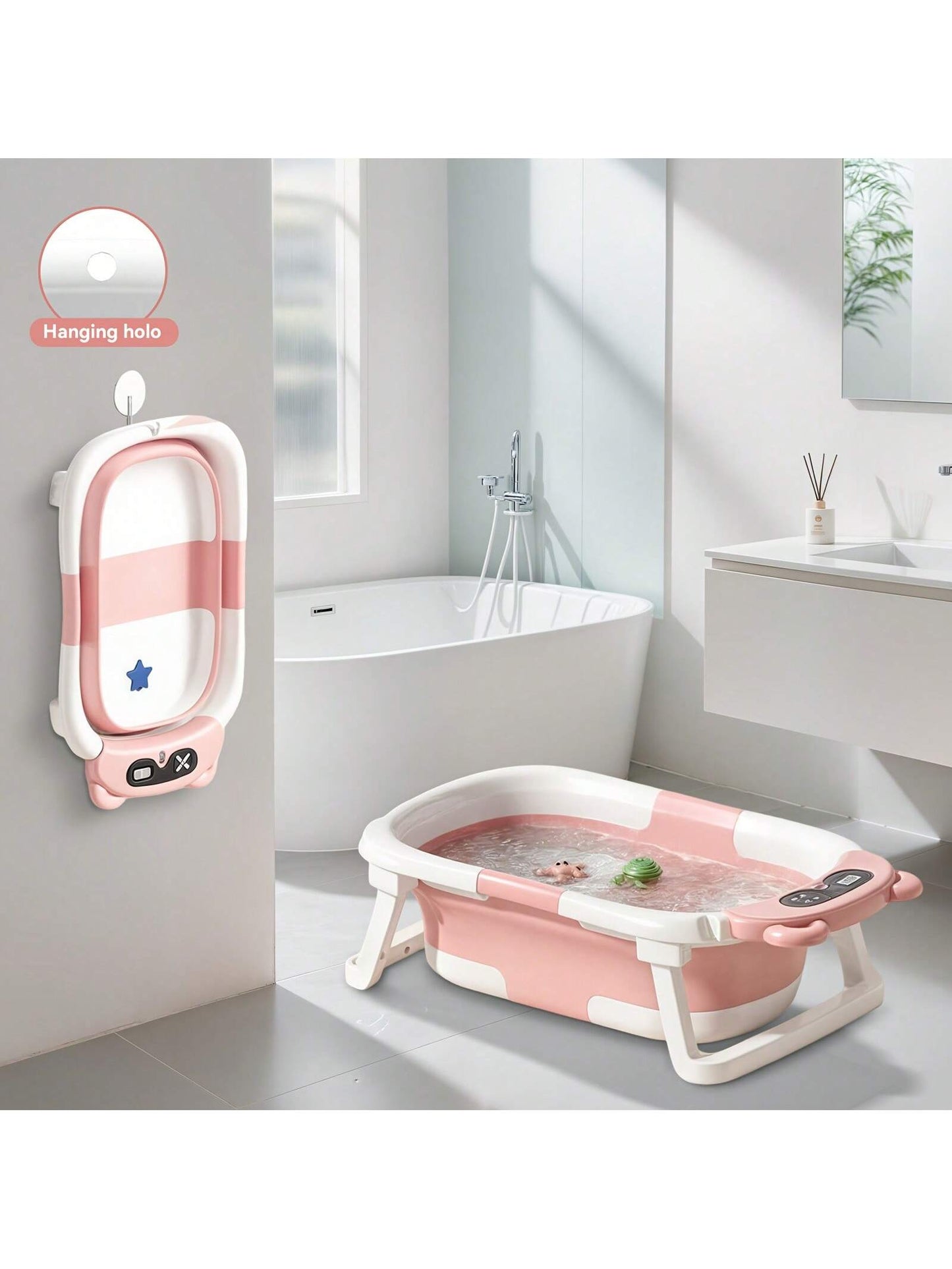 EZIFY Foldable Baby Bathtub With Non-Slip Mat & Thermometer Bear Design Portable Travel Tub For 0-36