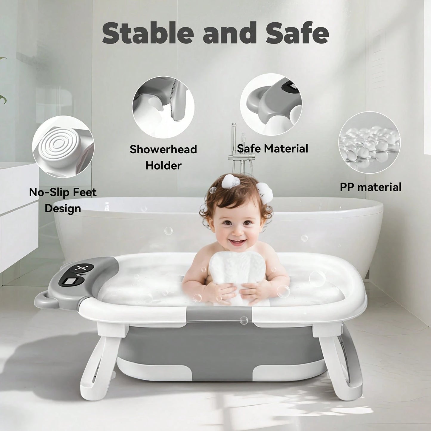 EZIFY Foldable Baby Bathtub With Non-Slip Mat & Thermometer Bear Design Portable Travel Tub For 0-36