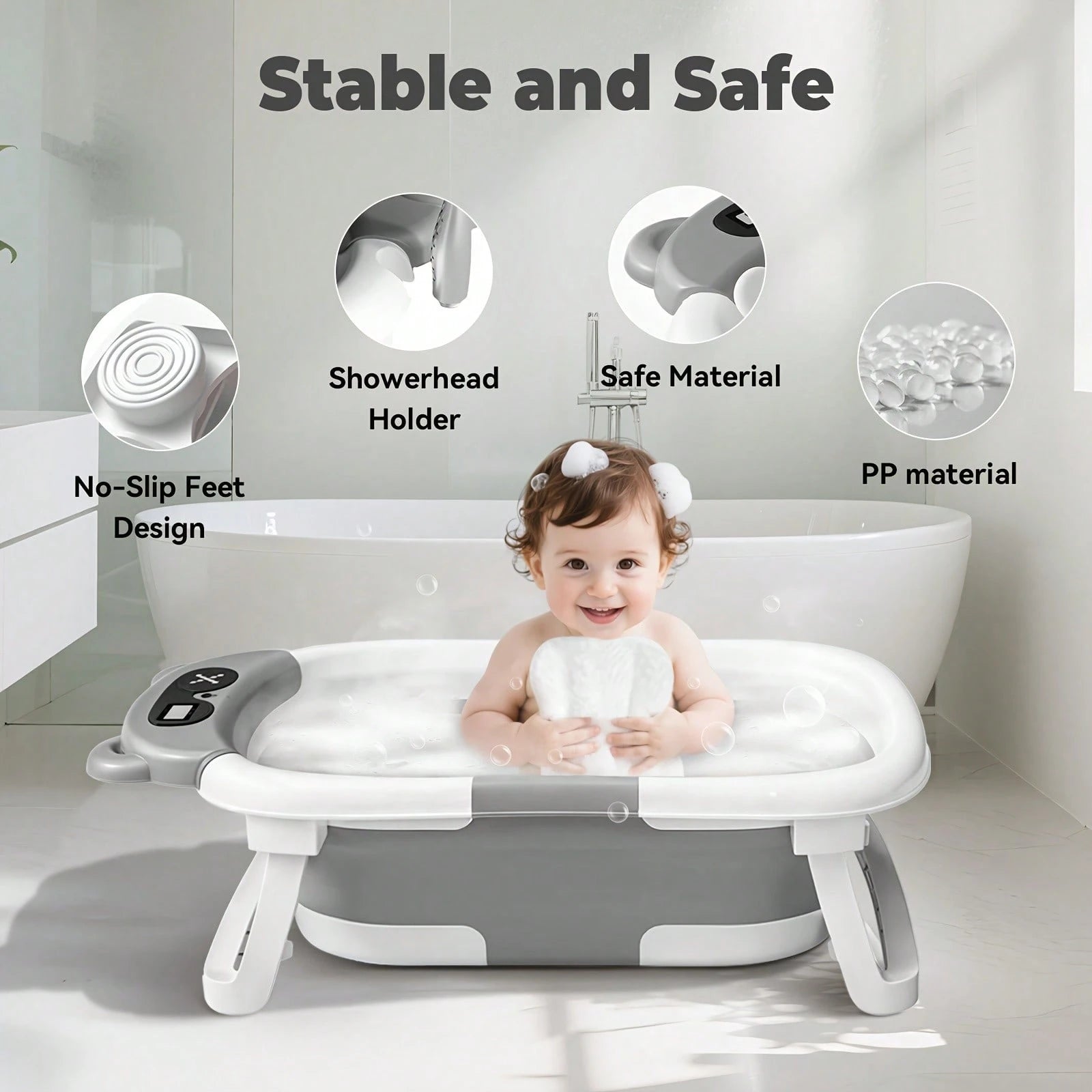 EZIFY Foldable Baby Bathtub With Non-Slip Mat & Thermometer Bear Design Portable Travel Tub For 0-36