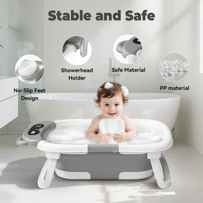 EZIFY Foldable Baby Bathtub With Non-Slip Mat & Thermometer Bear Design Portable Travel Tub For 0-36