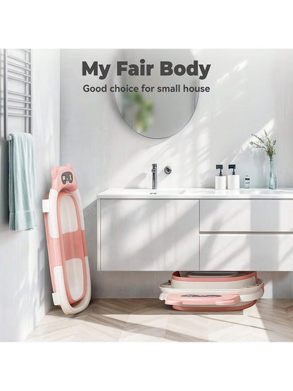 EZIFY Foldable Baby Bathtub With Non-Slip Mat & Thermometer Bear Design Portable Travel Tub For 0-36