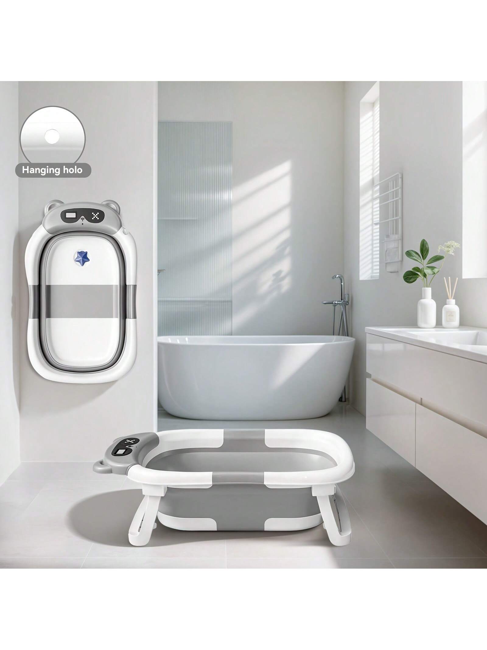 EZIFY Foldable Baby Bathtub With Non-Slip Mat & Thermometer Bear Design Portable Travel Tub For 0-36
