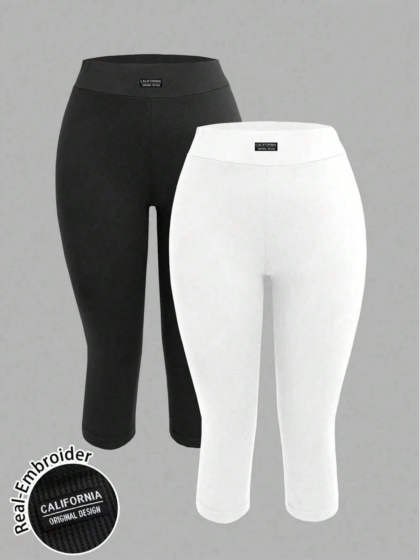 EZwear 2pcs Women's Black & Grey 3/4 Length Letter Embroidered Skinny Casual Leggings, Suitable For Summer, Sports, Yoga, Outdoor & Indoor Wear, Chic