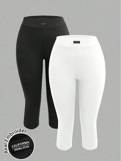 EZwear 2pcs Women's Black & Grey 3/4 Length Letter Embroidered Skinny Casual Leggings, Suitable For Summer, Sports, Yoga, Outdoor & Indoor Wear, Chic