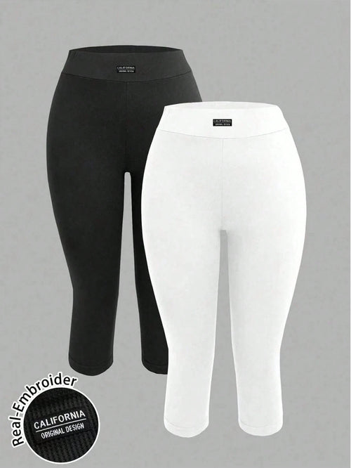 EZwear 2pcs Women's Black & Grey 3/4 Length Letter Embroidered Skinny Casual Leggings, Suitable For Summer, Sports, Yoga, Outdoor & Indoor Wear, Chic