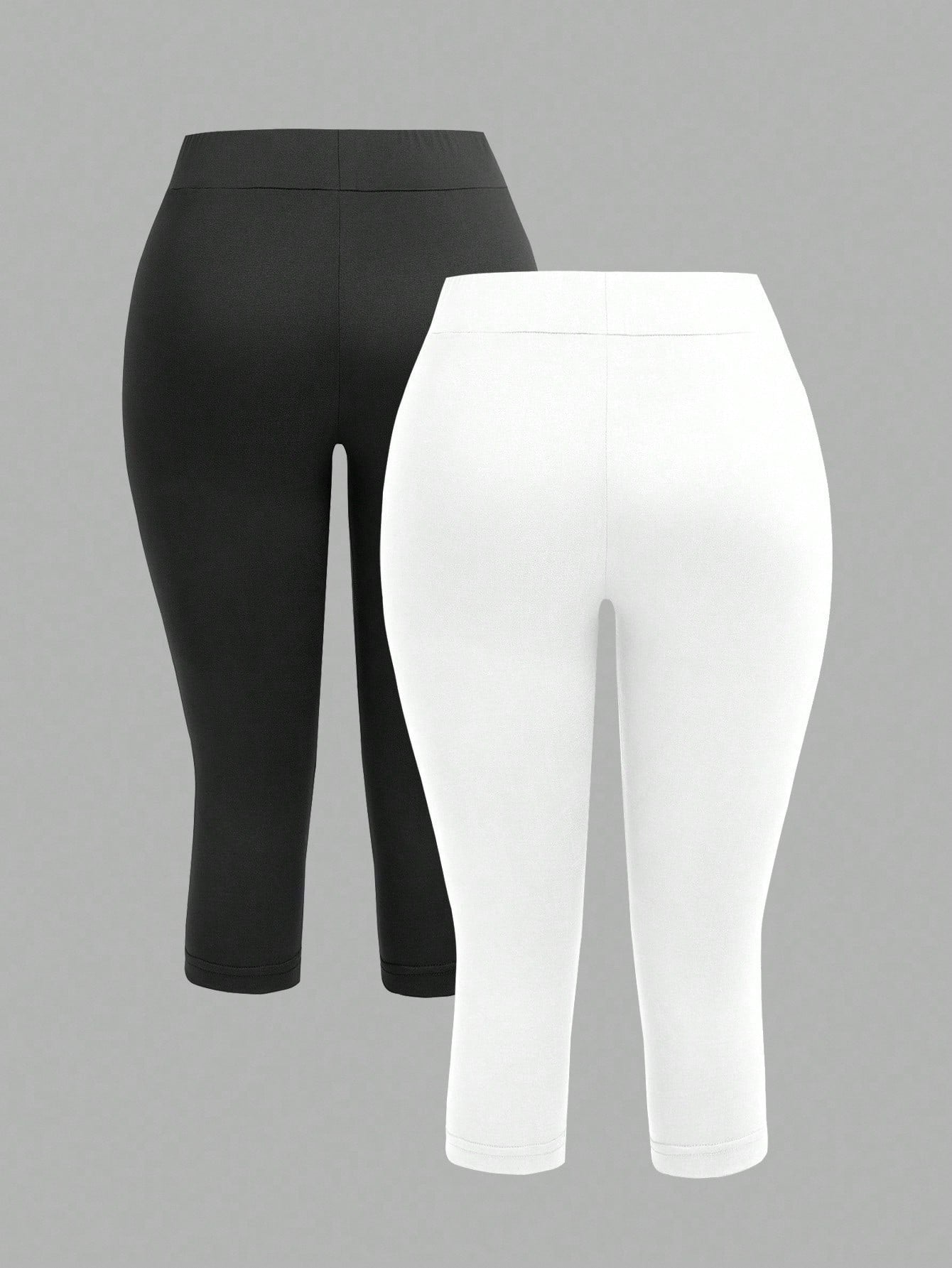 EZwear 2pcs Women's Black & Grey 3/4 Length Letter Embroidered Skinny Casual Leggings, Suitable For Summer, Sports, Yoga, Outdoor & Indoor Wear, Chic