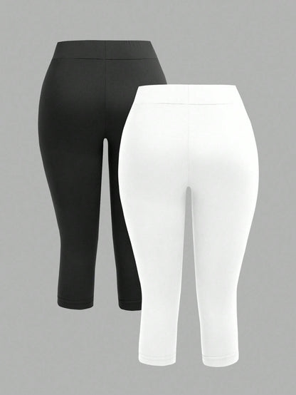 EZwear 2pcs Women's Black & Grey 3/4 Length Letter Embroidered Skinny Casual Leggings, Suitable For Summer, Sports, Yoga, Outdoor & Indoor Wear, Chic