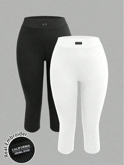 EZwear 2pcs Women's Black & Grey 3/4 Length Letter Embroidered Skinny Casual Leggings, Suitable For Summer, Sports, Yoga, Outdoor & Indoor Wear, Chic