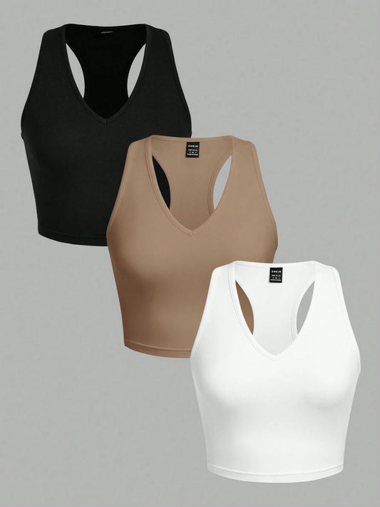 EZwear 3 Set Multicolor Women's Casual V-Neck Short Fitted Camisole Top, Suitable For Summer Back To School
