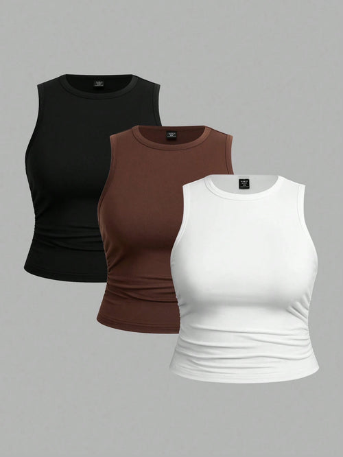 EZwear 3pcs Women Plus Size Solid Color Casual Crew Neck Camisole Set, Suitable For Summer