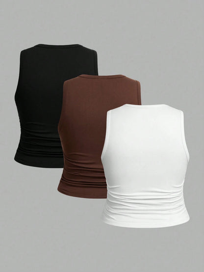EZwear 3pcs Women Plus Size Solid Color Casual Crew Neck Camisole Set, Suitable For Summer