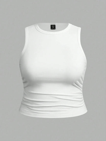 EZwear 3pcs Women Plus Size Solid Color Casual Crew Neck Camisole Set, Suitable For Summer
