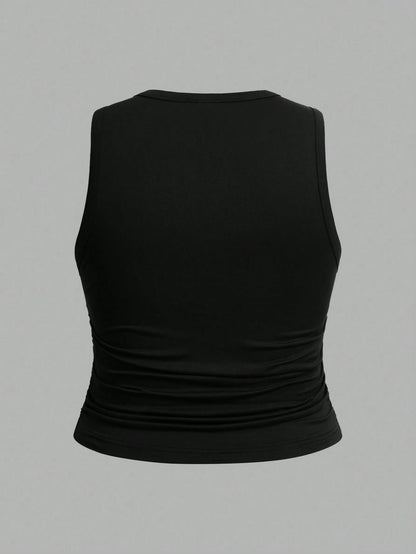 EZwear 3pcs Women Plus Size Solid Color Casual Crew Neck Camisole Set, Suitable For Summer