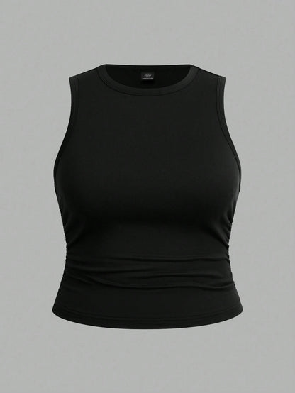EZwear 3pcs Women Plus Size Solid Color Casual Crew Neck Camisole Set, Suitable For Summer