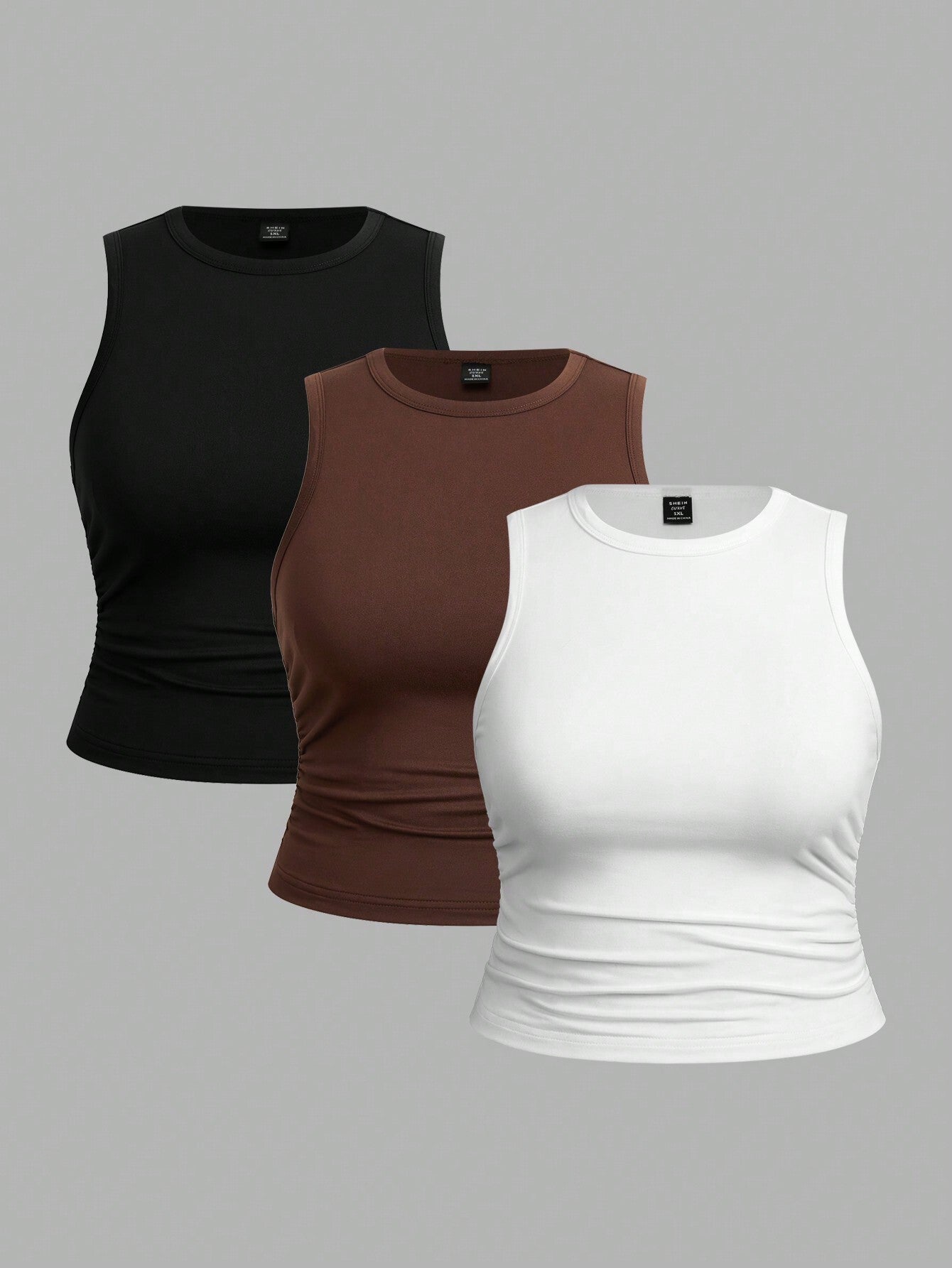 EZwear 3pcs Women Plus Size Solid Color Casual Crew Neck Camisole Set, Suitable For Summer