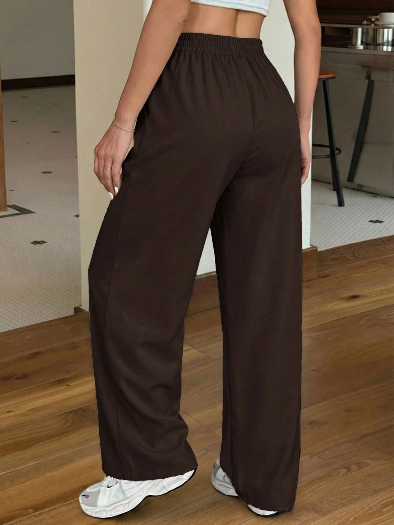 EZwear Black Loose Casual Straight Leg Pants, Spring/Summer