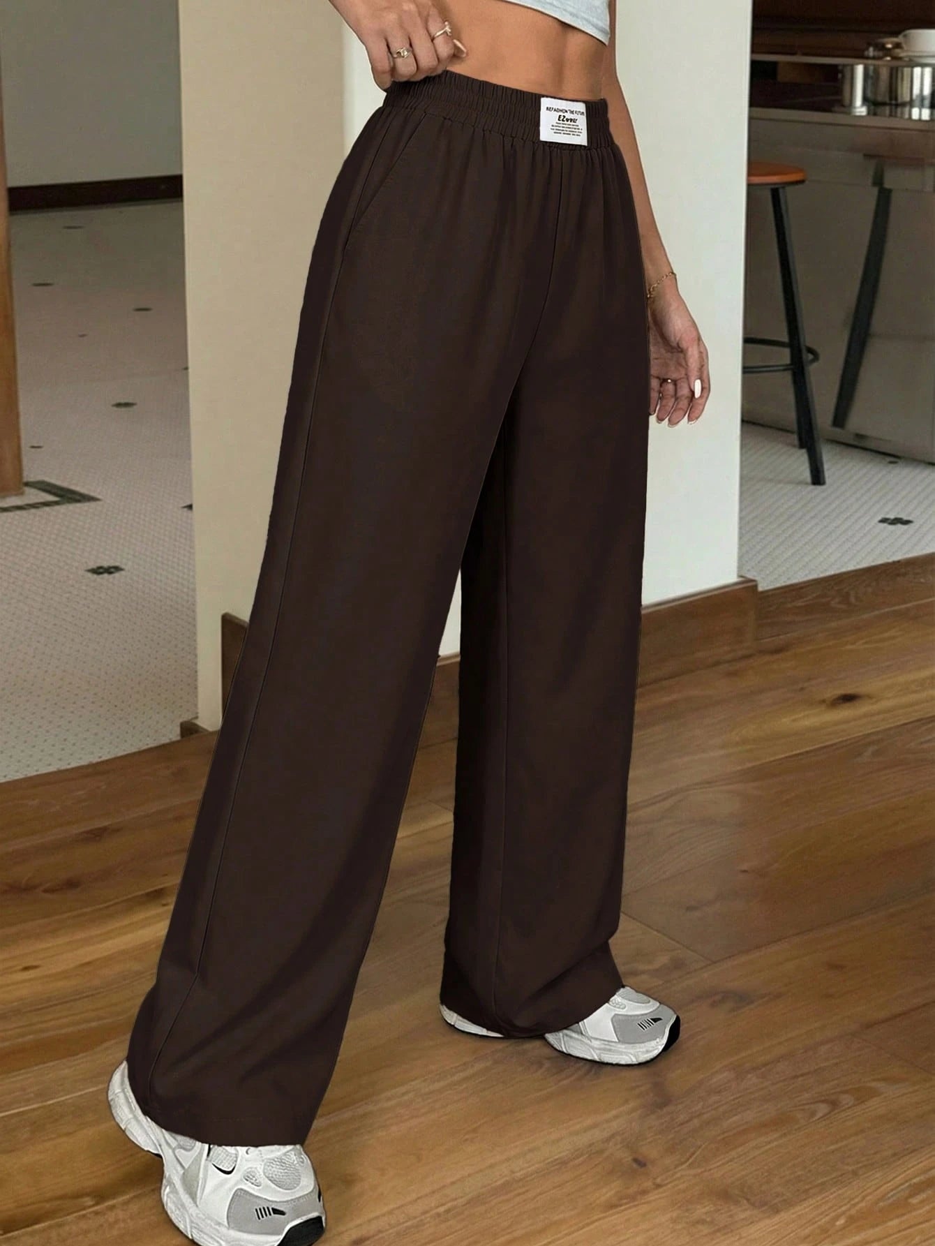 EZwear Black Loose Casual Straight Leg Pants, Spring/Summer